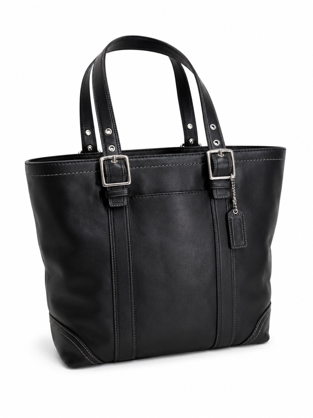 Coach Hampton Black Leather Tote Shoulder Bag Zip Top Buckle Strap Purse